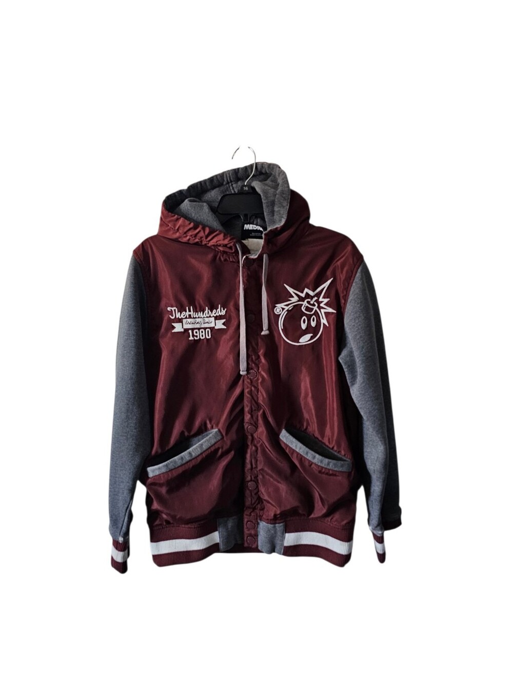 The Hundreds HUGE Varsity Jacket Hooded Bomber Maroon Grey Mens Medium Adam Bomb